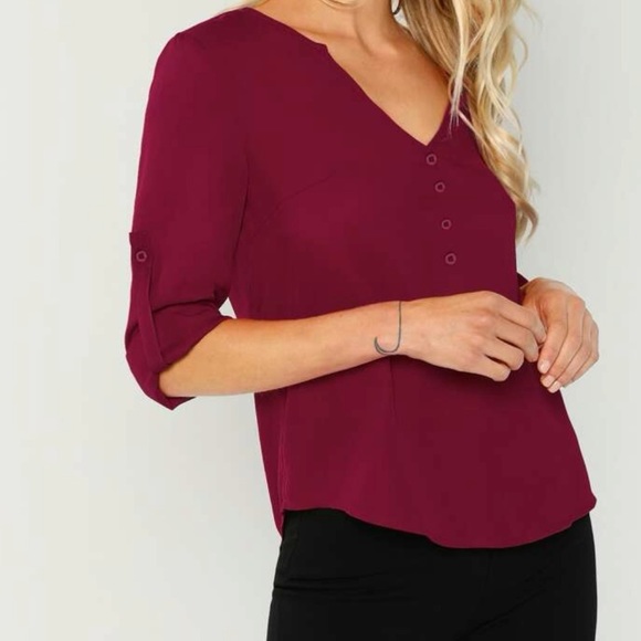 Red Button Front V-Neck Top - Picture 3 of 5